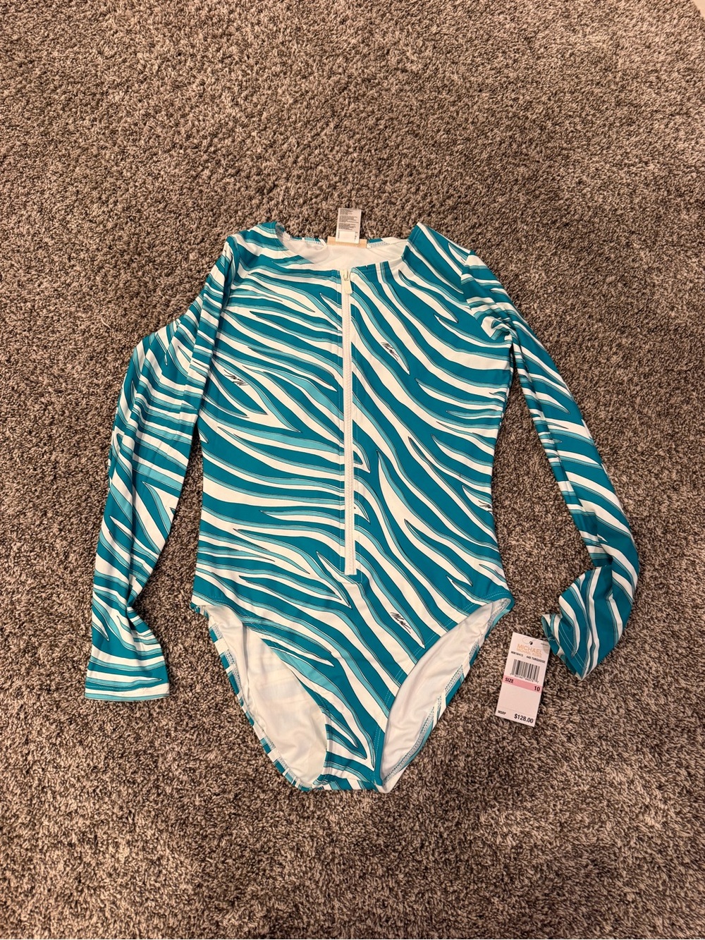 Michael Michael Kors One Piece Swimsuit 10 NWT Long Sleeve Zip Front Turquoise